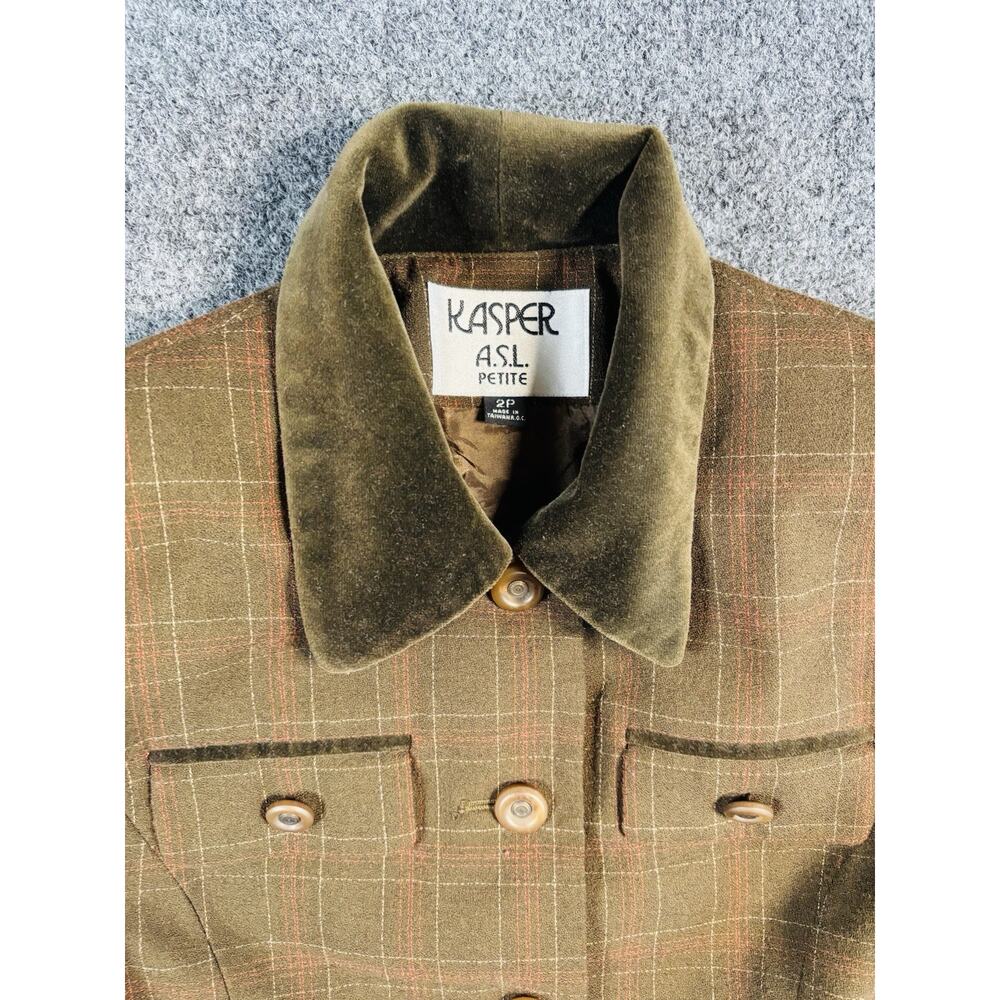 Vintage women’s blazer fitted plaid Green Kasper 80s Velvet Collar 2P - Picture 3 of 5